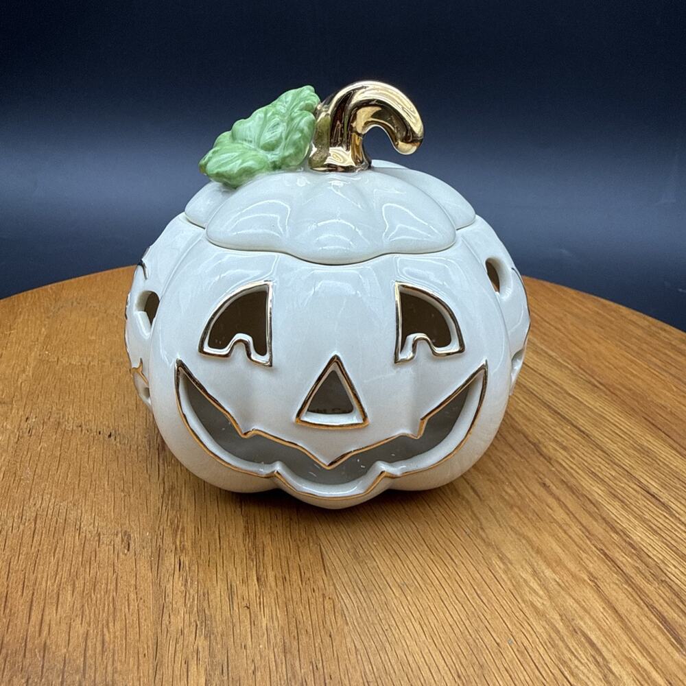 Lenox Pierced Pumpkin Votive Tea Light Candle Holder Gold Trim Rare Green Leaves